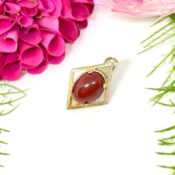 VINTAGE⚜️Cabochon Faux Jasper Golden Dress Clip - Picture 1 of 7